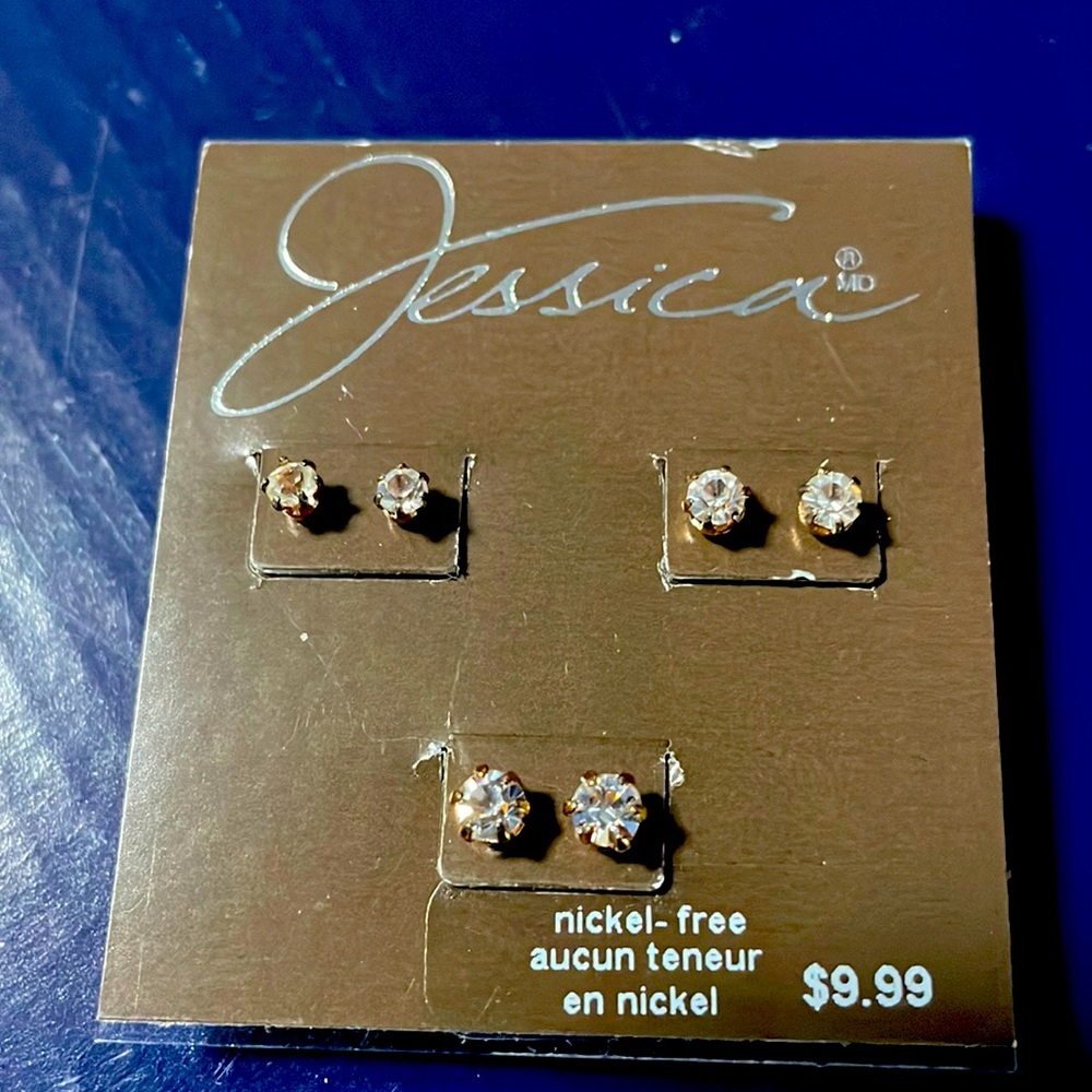 NWT Jessica set of 3 girl’s nickel free crystal earrings
